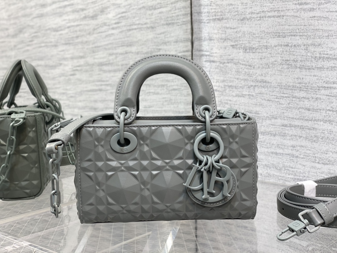 Micro Lady D-Joy Bag Gray Cannage Calfskin with Diamond Motif